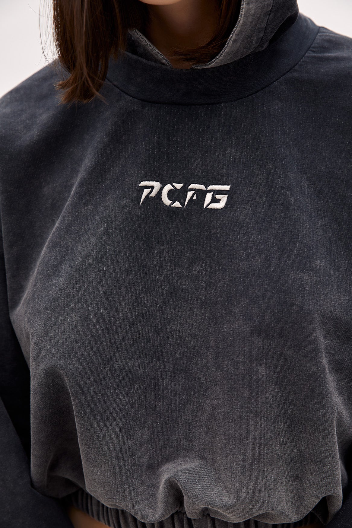 Cotton Acid Washed Crop Hoodie - Black